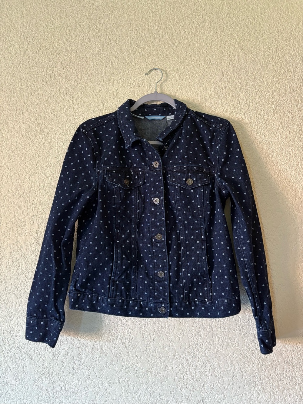 Womens Liz Claiborne Dark Denim Jacket Polka Dot Button-Up Size Large - Picture 2 of 8
